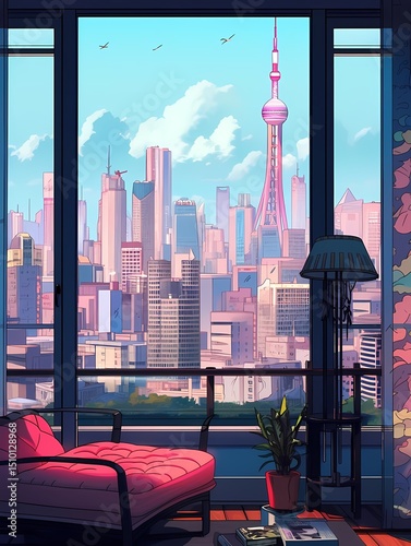 Serene indoor scene with cityscape view, cozy atmosphere with couch, plant, and pastel colors.