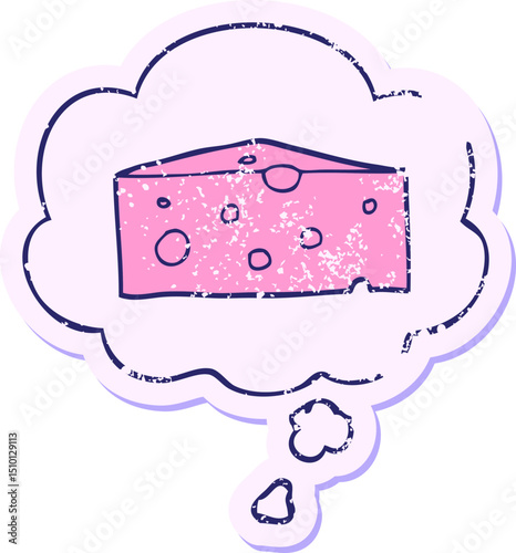 cartoon cheese with thought bubble as a distressed worn sticker