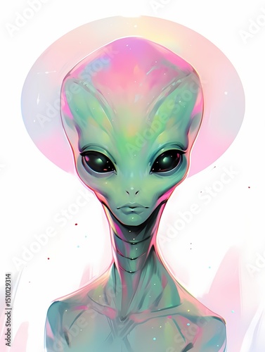 Anime alien character with humanoid face, gradient skin, white aura, soft background.