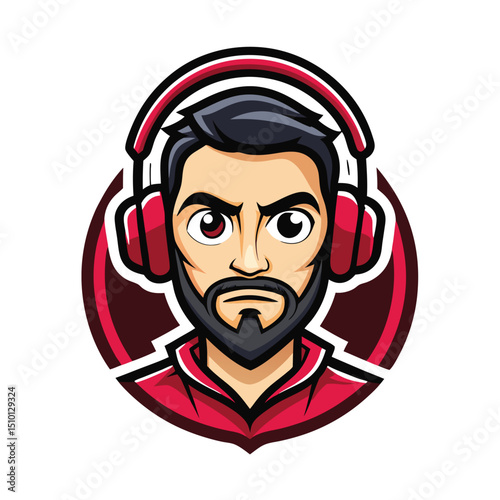 Podcast man with headphones as a mascot logo design, showcasing a confident character ready to engage listeners in dynamic audio conversations and discussions