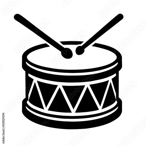 Simple Black and White Drum with Drumsticks Icon - Musical Instrument Vector