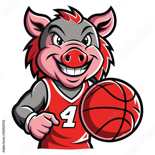 Hog mascot character holding a basketball while showcasing a vibrant expression in a dynamic sports design suitable for team branding or promotional material