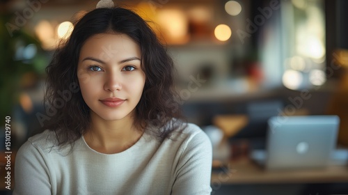 Businesswoman with coffee looking at the screen.