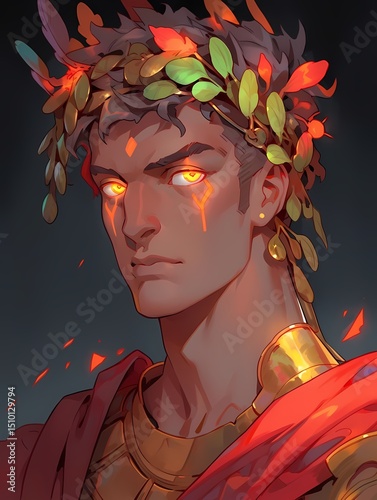 Stern man with dark skin, glowing laurel crown, red cape, gold necklace, dark background, fantasy illustration