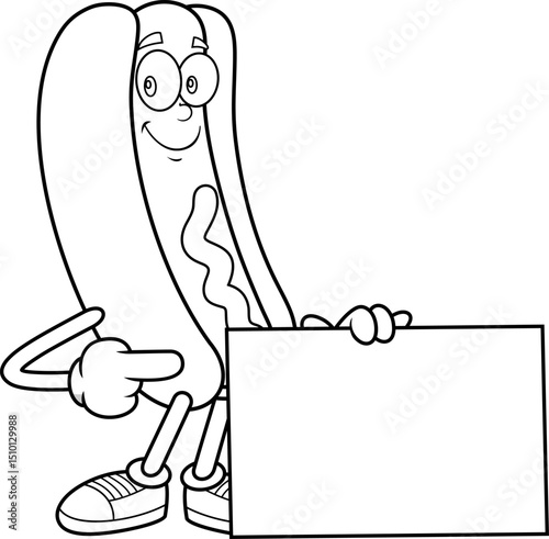 Hot Dog Cartoon Mascot Character Pointing At Blank Sign in Black And White