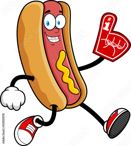 Hot Dog Cartoon Mascot Character Running with
Number One Foam Finger