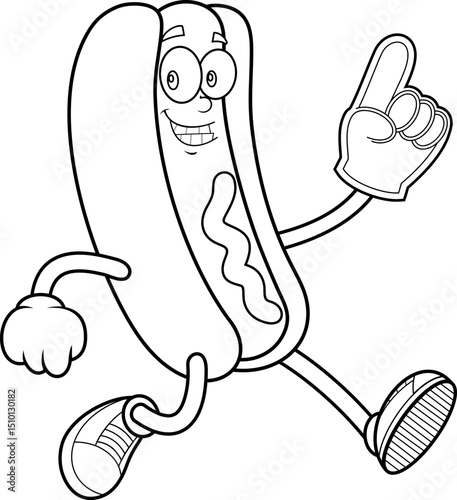 Hot Dog Cartoon Mascot Character Holding Foam Finger And Running in Black And White