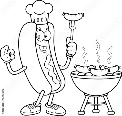 Hot Dog Chef Cartoon Mascot Character Grilling Sausages On BBQ in Black And White