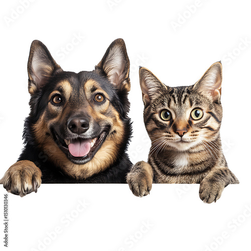 Happy dog and cat peeking over sign isolated on transparent background