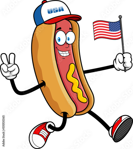Hot Dog Cartoon Character Running with American Flag With Peace Gesture