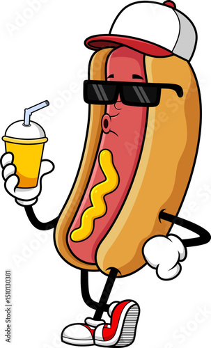 Cool Hot Dog Cartoon Mascot Character Wearing
Sunglasses And Holding Cold Drink