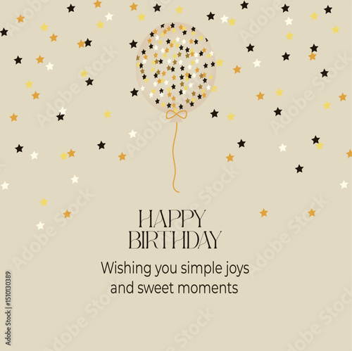 A gift and wish card for a happy birthday. A balloon with stars like confetti.