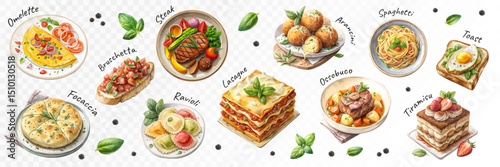 Hand-drawn watercolor delicious traditional Italian food dishes with realistic texture and vibrant colors. Vector illustration