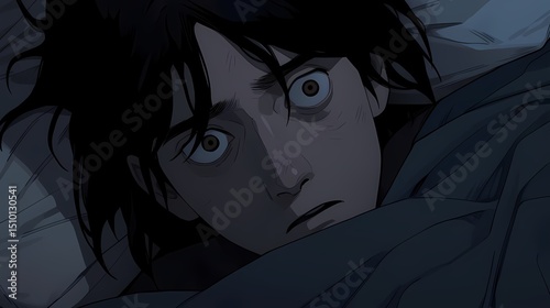 A young man lies in bed, his wide-eyed face filled with fear or surprise, partially shrouded by a dark blanket in a dimly lit room.