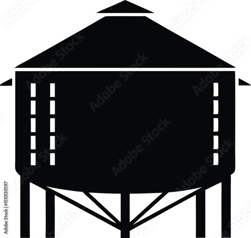 Grain bin silhouette, Grain silos in agricultural field during sunset with vibrant sky and silhouette vector design