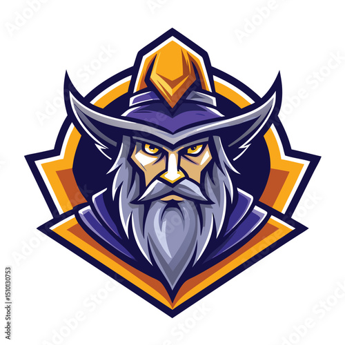 Wizard mascot logo design featuring a modern illustration of a wise sorcerer with striking colors and sharp details for branding and creative projects
