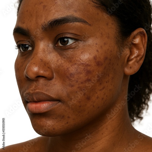 Close-up portrait of young Black woman with hyperpigmentation and acne scars