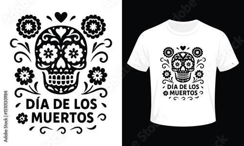 Black and White Día de los Muertos Sugar Skull T-Shirt Design