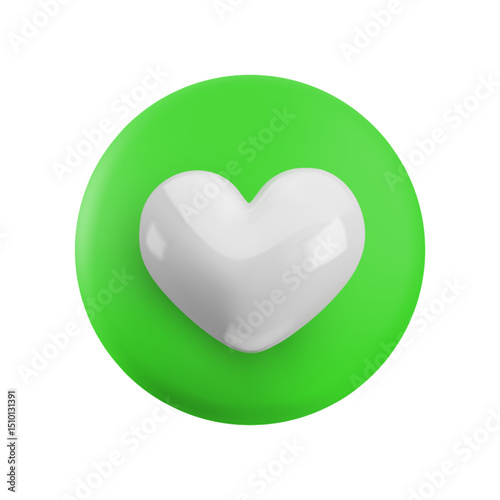 Vector cartoon minimal 3d green button with white heart icon. Realistic render of circle like button sign, cute favorites symbol, comment in social media, eco love sticker, like counter design element