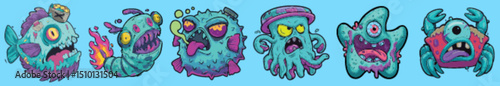 Graffiti Sea Monster Pack with Mutant Fish Worm Pufferfish Octopus Starfish and Crab Characters
