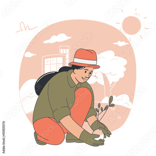 Woman planting a tree in a city park flat vector illustration concept of environmental care and sustainable lifestyle