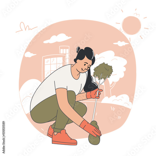 Woman planting a tree in an urban park flat vector illustration concept of eco lifestyle and environmental awareness