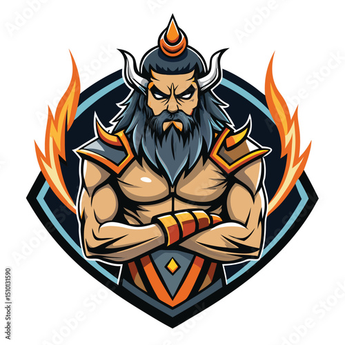 Vector illustration template of a powerful god hand mascot logo featuring a muscular figure with fierce expression and fiery elements in a bold design