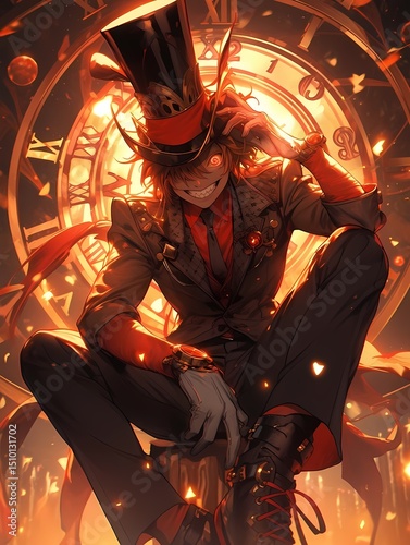 Anime fantasy figure in formal attire sitting on throne, surrounded by fire halo, intense gaze.