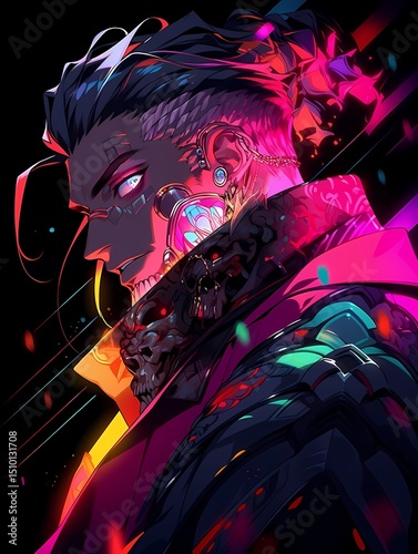 Striking male anime character with dark hair, colorful attire, black jacket, black backdrop