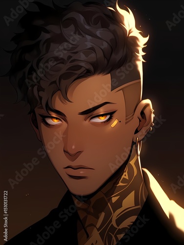 A male character with dark skin, short black hair, and a tattoo on his neck gazes directly at the viewer with yellow eyes and earrings.