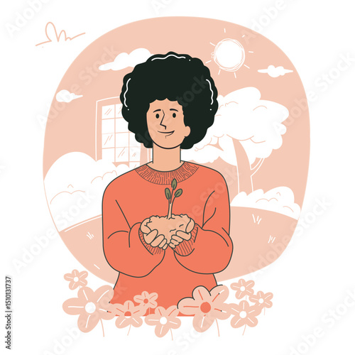 Smiling person holding seedling and soil for eco friendly lifestyle vector