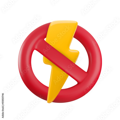Vector Cartoon 3d No electricity sign . Realistic 3d render of red prohibition sign and lightning inside. Blackout electric ban, energy forbidden symbol, no flash allowed, antistatic material.