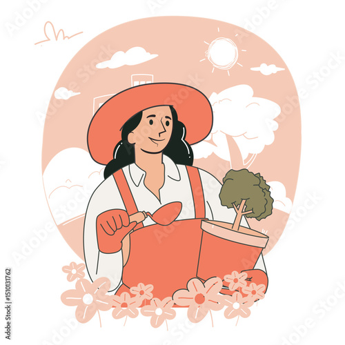 Woman holding potted tree and trowel for gardening concept vector