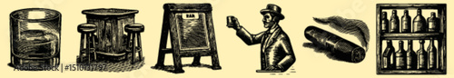 Retro Engraved Bistro Elements Including Chalkboard Menu Waiter Baguette and Bottles for Restaurant Design