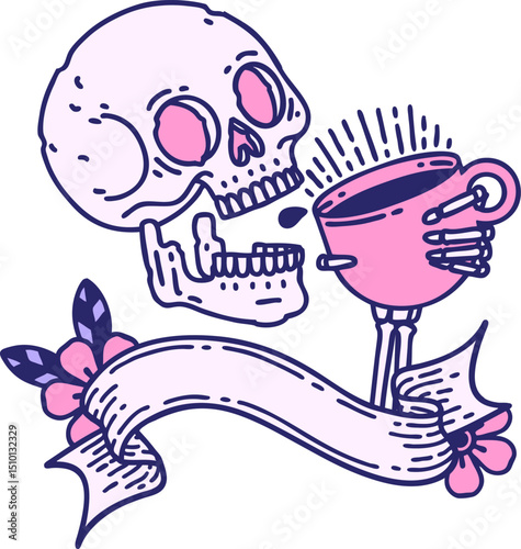 traditional tattoo with banner of a skull drinking coffee