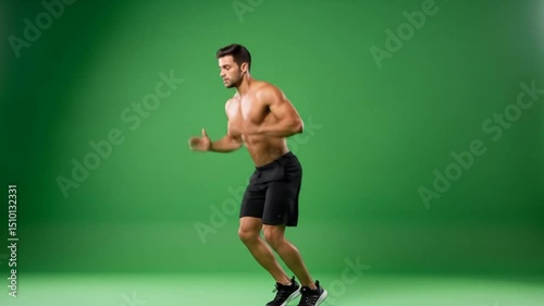 Athletic Man Jumping Fitness Workout Green Screen