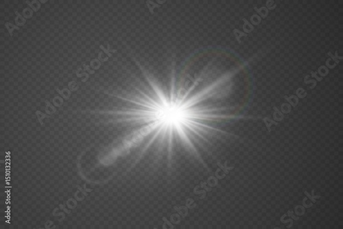 Lens flare, and glowing sparks of a star. On a transparent background.
