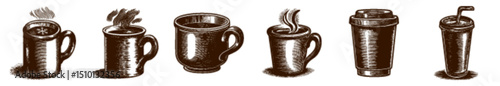 Engraved Drinkware Icons Featuring Coffee Tea and Cold Beverage Cups in Vintage Etching Style