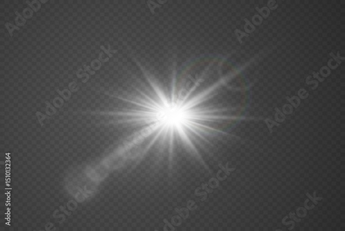 Lens flare, and glowing sparks of a star. On a transparent background.