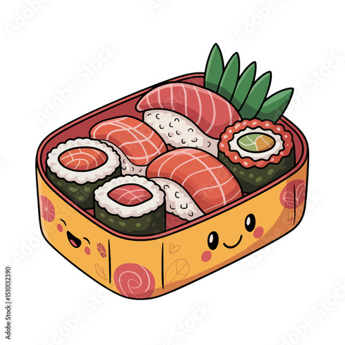 A delightful bento box is filled with various sushi pieces, including nigiri and maki, adorned with a cheerful face on the side of the container.