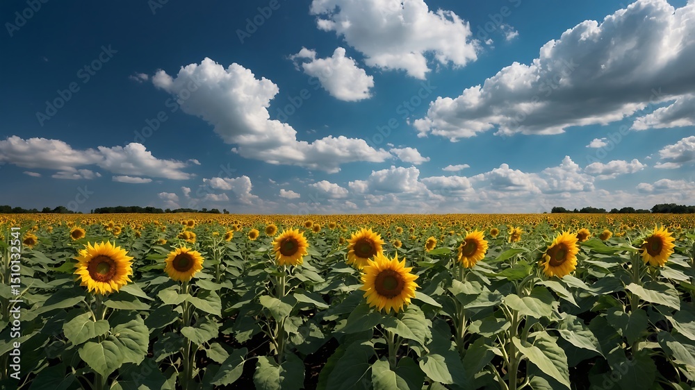Obraz premium Sunflowers Field under a Bright Blue Sky with Fluffy Clouds