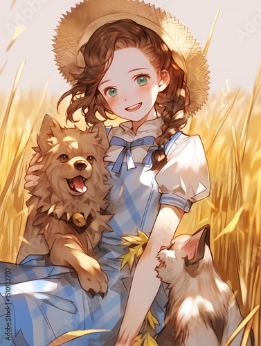 A joyful young girl anime illustration with a brown canine animal in a golden field, her smile as bright as the sun, surrounded by swaying grass and a playful shadow on her face.