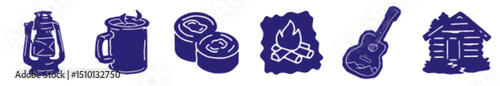 Rustic Campfire and Cabin Icons with Lantern Mug Guitar and Log Cabin for Nature Retreat Graphics