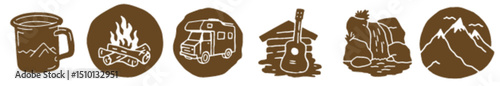 Vintage Summer Camp Icons with Campfire Trailer Life Vest and Mountain for RV and Outdoor Explorer Themes