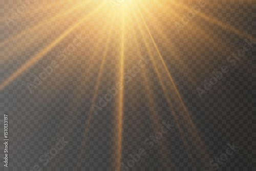Bright golden sun rays with glowing rays of light, for sunrise, flare and sunshine effect.