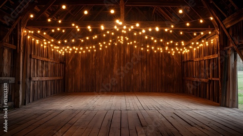 A rustic wooden theater stage in an old barn with ambient string lights