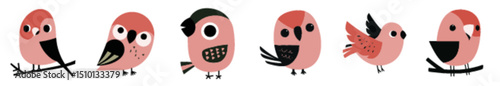 Round Cartoon Birds in Red and Pink Flat Vector Style for Preschool Games and Counting Activities