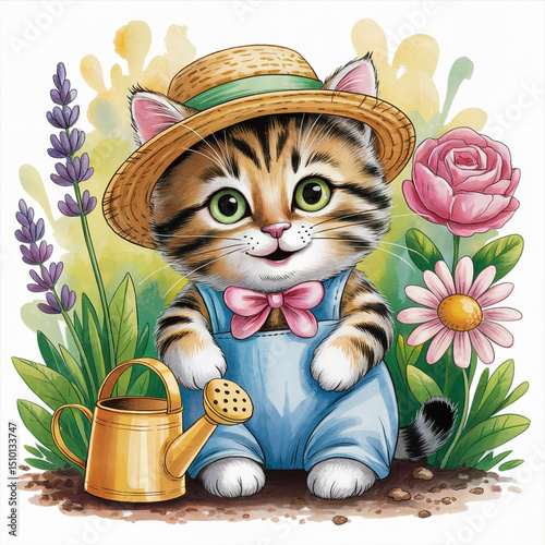 cat and flowers, fluffy cute cat in a gardener costume