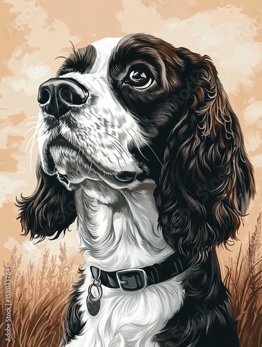 Spaniel English Springer dog hand drawn logo line art vector drawing black and white pets illustration with pure white background. 
