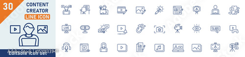 Content Creator line icon set. Set of 30 outline icons related to content creation, blog, content, stream, media, influencer, social media and others. Editable stroke. Vector illustration.